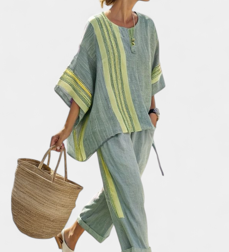 Len-bambusz szett bájos levendulával és sárga csíkkal