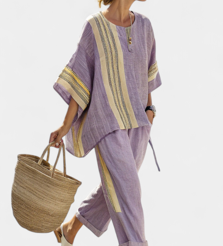 Len-bambusz szett bájos levendulával és sárga csíkkal