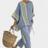 Len-bambusz szett bájos levendulával és sárga csíkkal